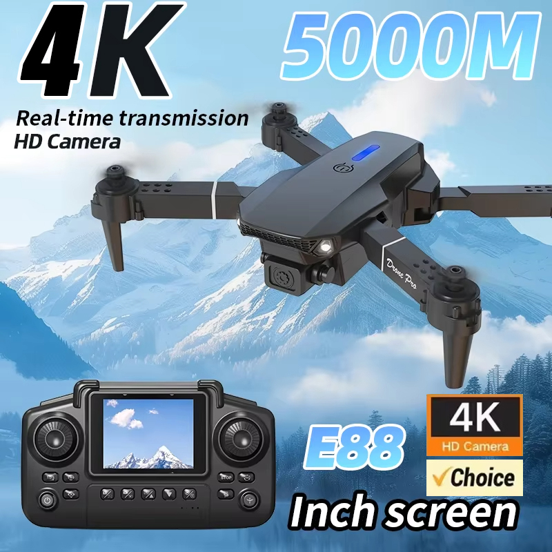 Drone E88 Rc Quadcopter - โดรนถ่ายภาพทางอากาศ 4K กล้องคู่ HD พร้อมหน้าจอ พับเก็บได้